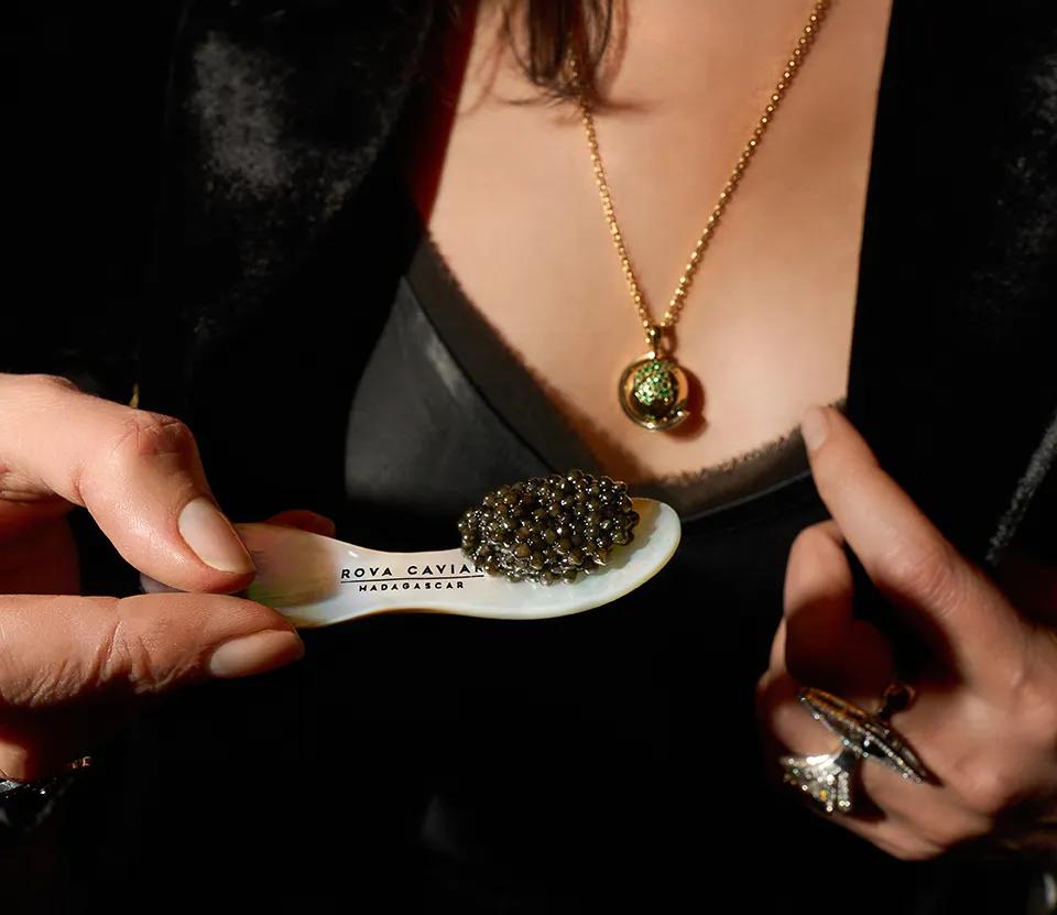 Dégustation élégante de caviar sur cuillère en nacre