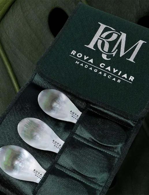 Mother-of-pearl spoons in satin storage pouch