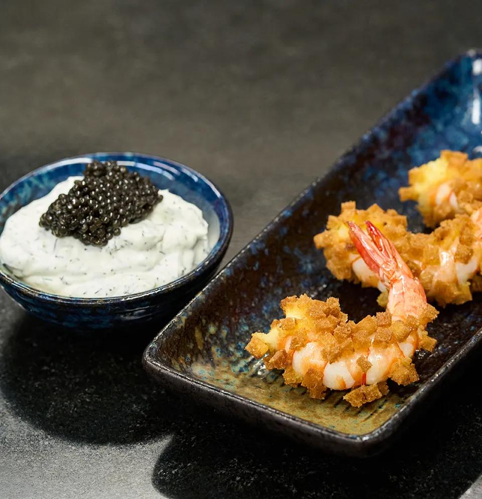 Crispy Madagascar Shrimp Recipe with Caviar on Cream