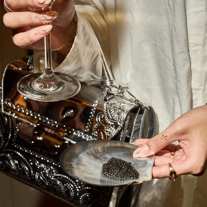 Zoom sur une dégustation de caviar accompagné de coupe de champagne