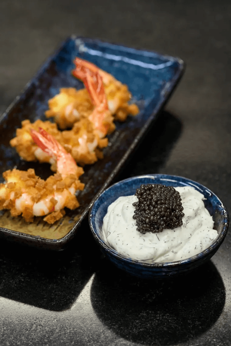 Crispy Madagascar Shrimp Recipe with Caviar on Cream