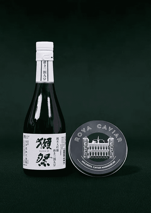 Sake bottle and caviar box 