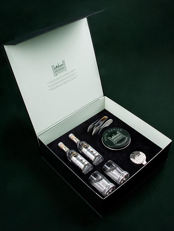 Miniature vodka and caviar gift box