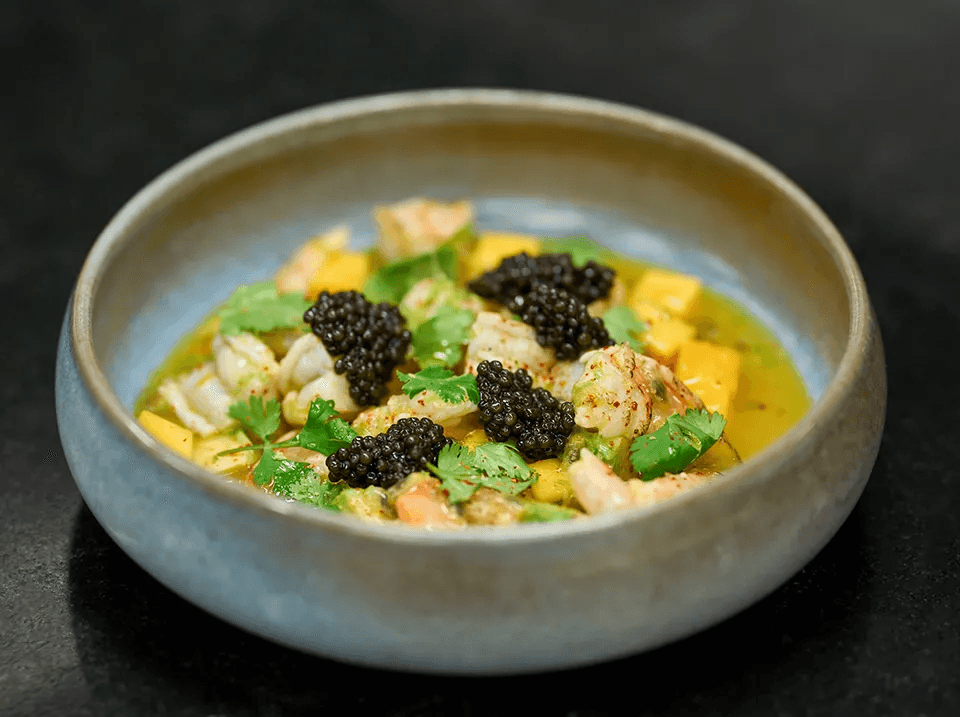 Shrimp ceviche and Rova Imperial Ossetra caviar 