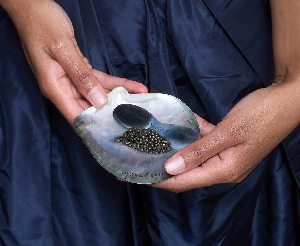Caviar tasting on dish with blue dress