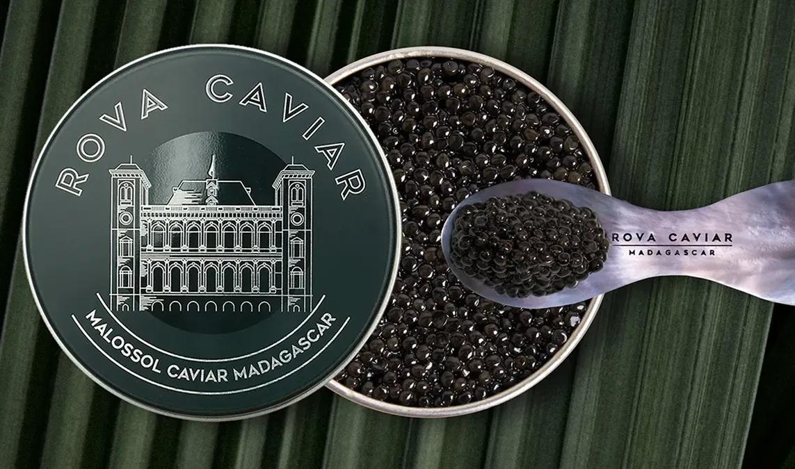 Open Persicus Caviar on a natural background with a mother-of-pearl spoon