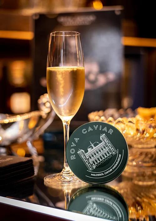 Champagne glass and caviar box