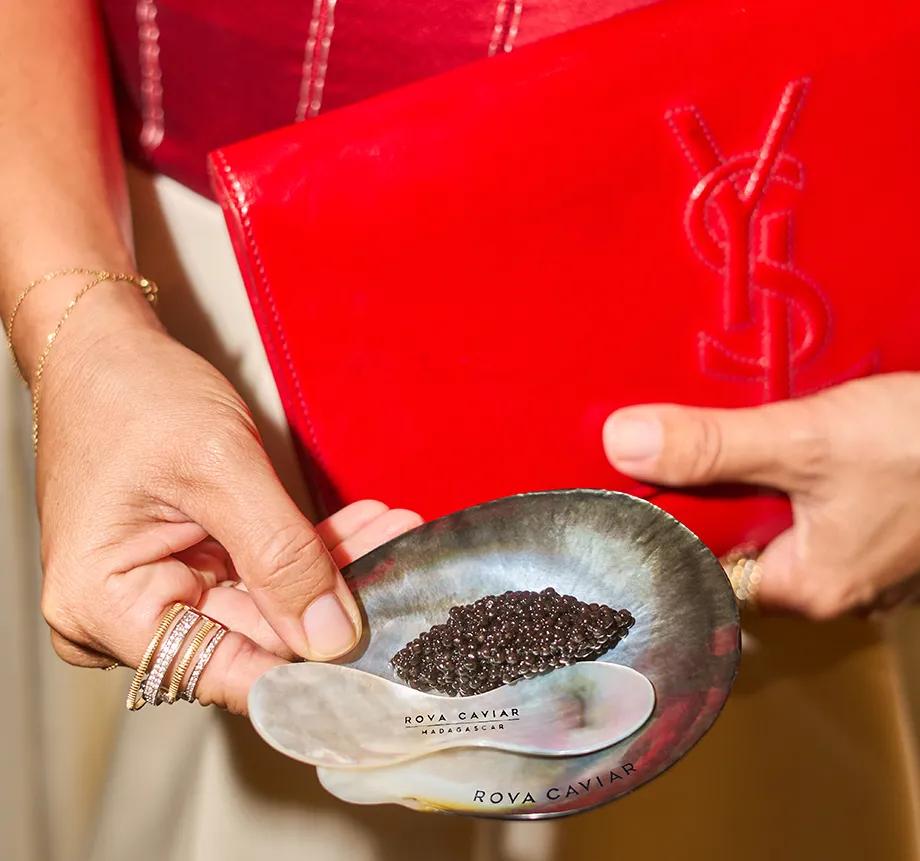 Caviar on a mother-of-pearl dish with a red bag