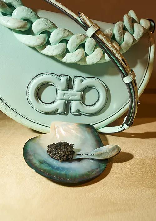 Caviar on mother-of-pearl dish with green water sac