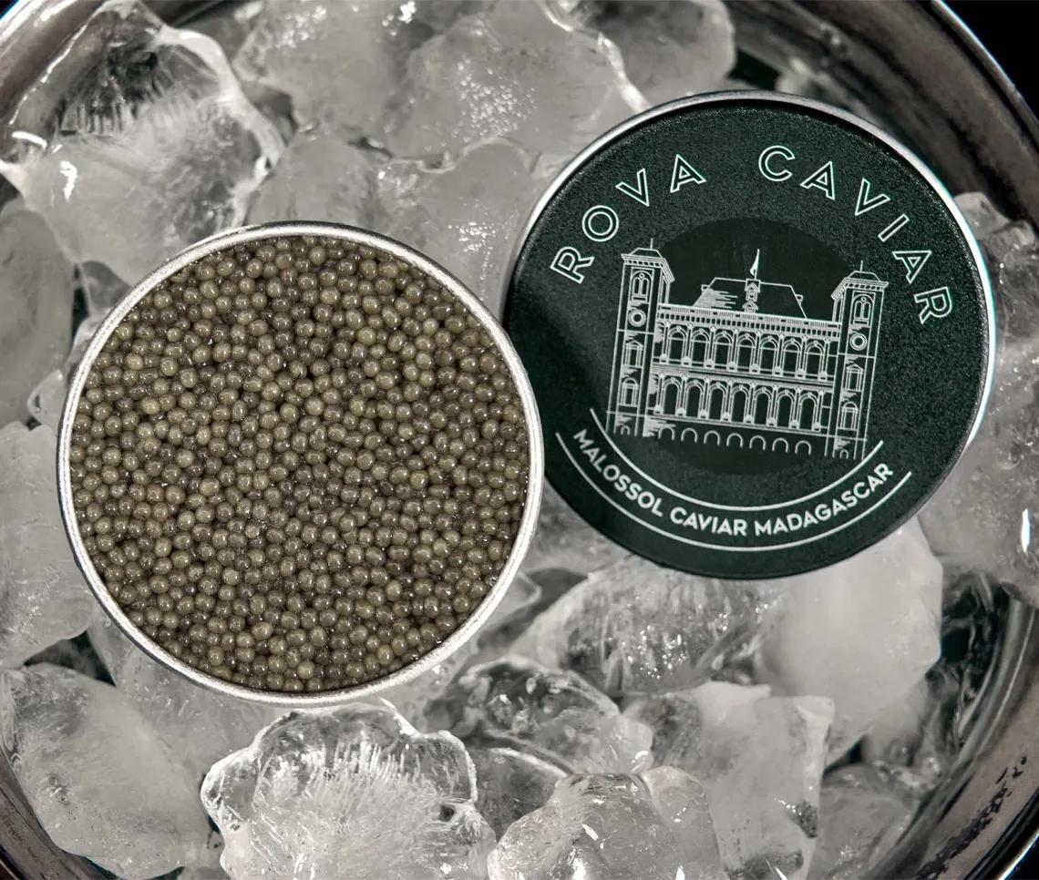 Open light-toned Shipova Caviar Box on a bed of ice